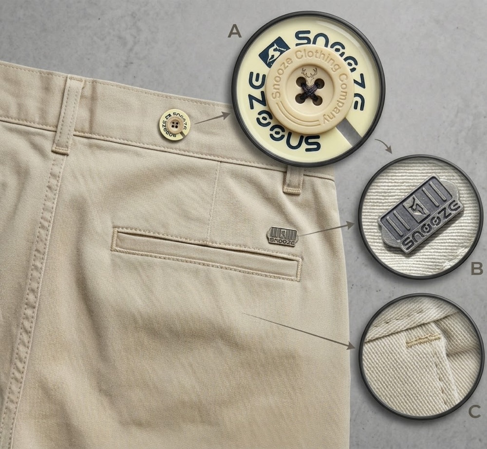 Beige Snooze chinos with magnified close-ups of the coin button, metal stag badge and stitching