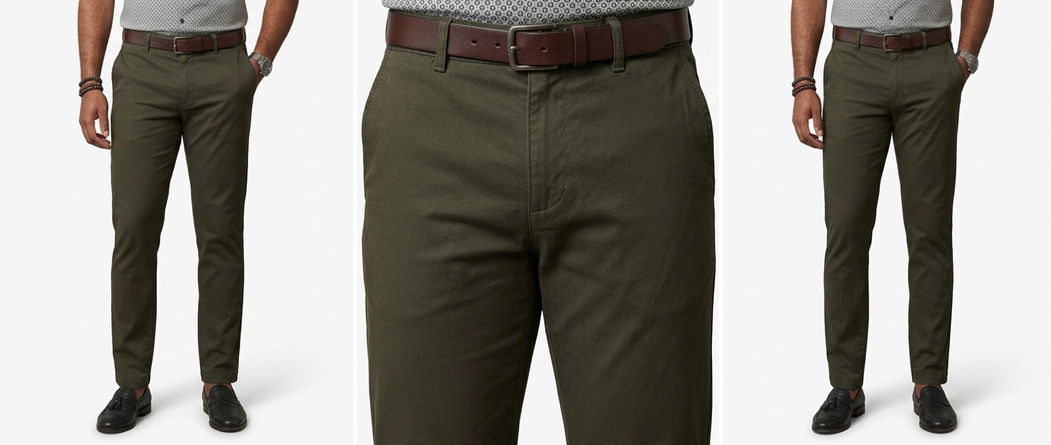 Model wearing olive Snooze chinos, full length and waist close-up